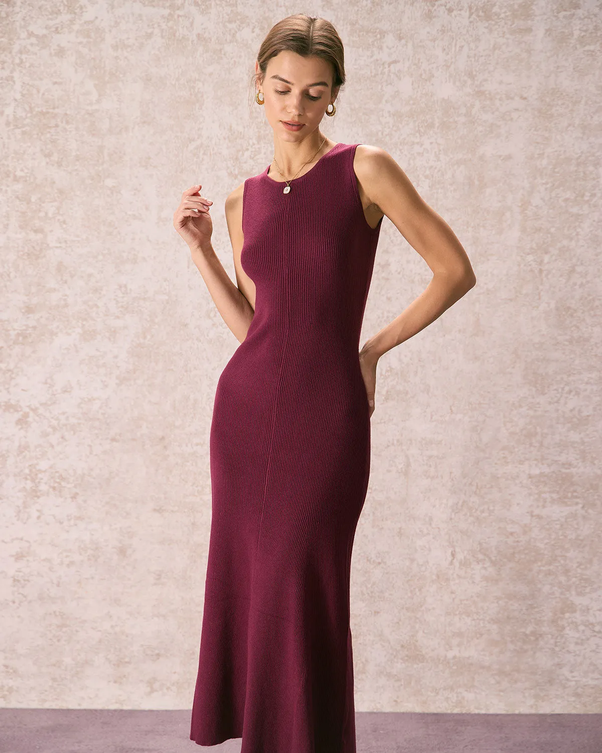 The Burgundy Round Neck Sweater Maxi Dress sold by rihoas