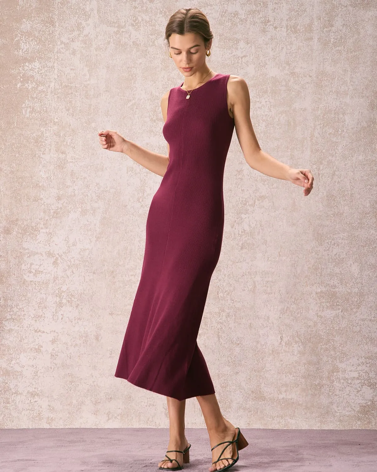 The Burgundy Round Neck Sweater Maxi Dress sold by rihoas product image thumbnail 5