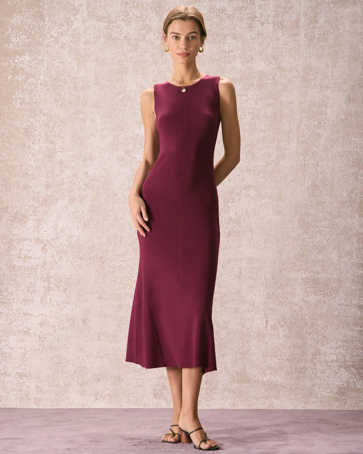 The Burgundy Round Neck Sweater Maxi Dress sold by rihoas product image thumbnail 3