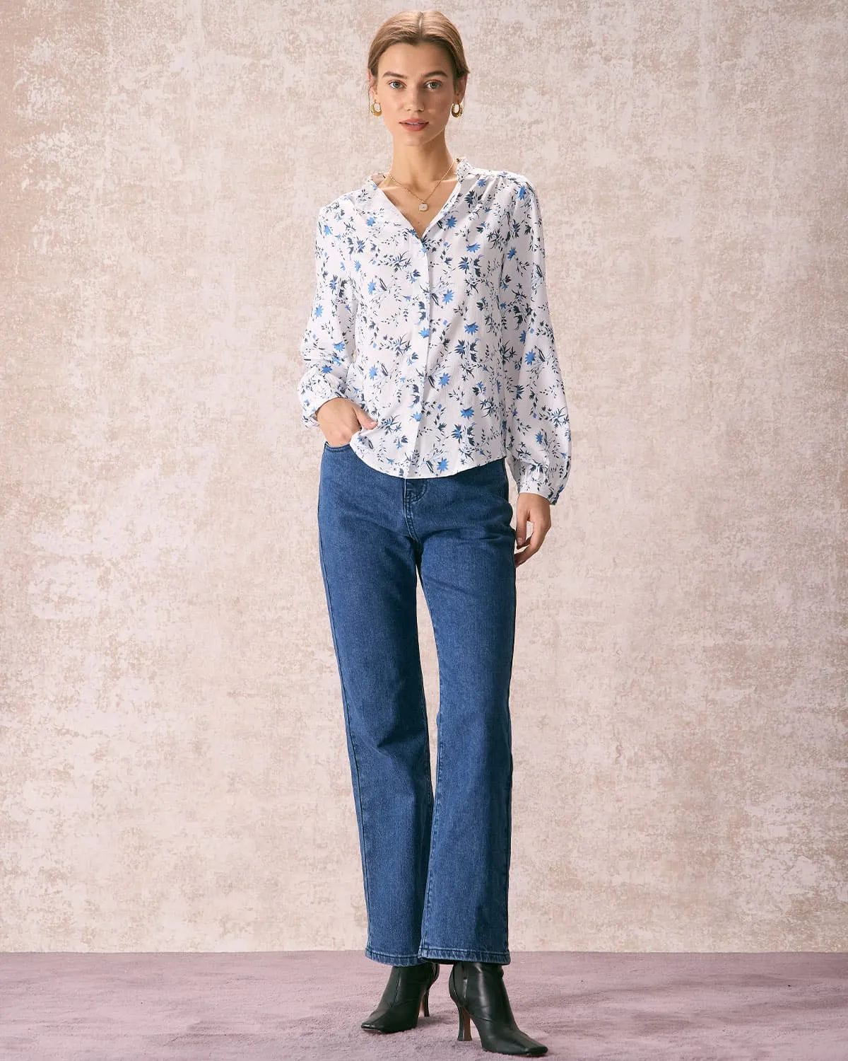 The White Mock Neck Leaf Print Button Shirt sold by rihoas product image thumbnail 3