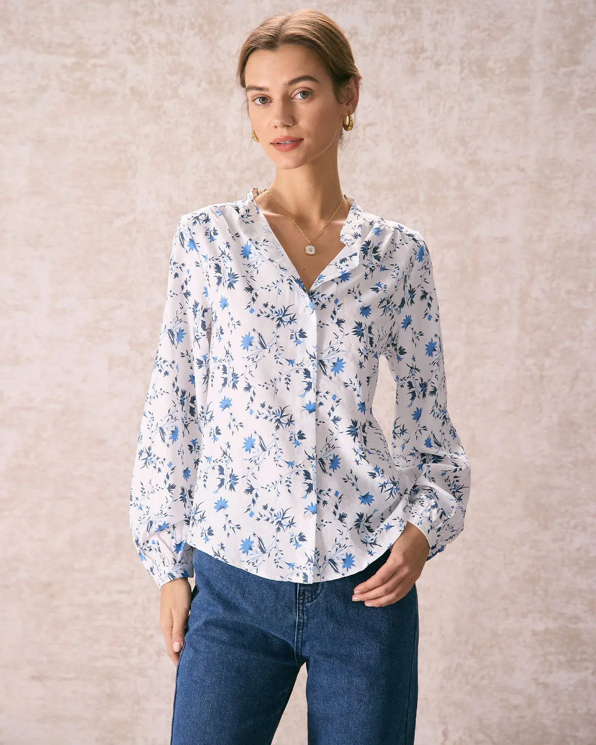 The White Mock Neck Leaf Print Button Shirt sold by rihoas