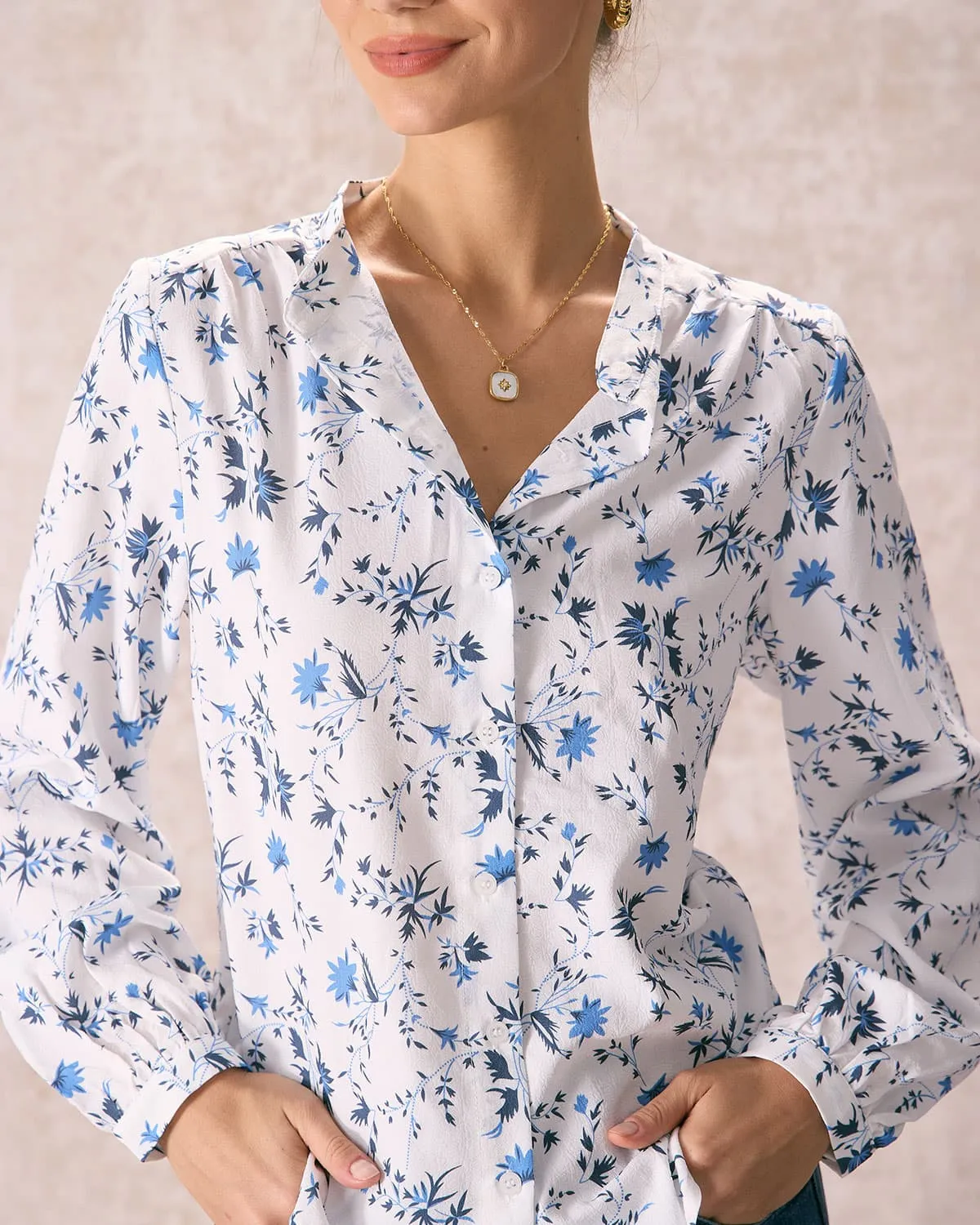 The White Mock Neck Leaf Print Button Shirt sold by rihoas product image thumbnail 2