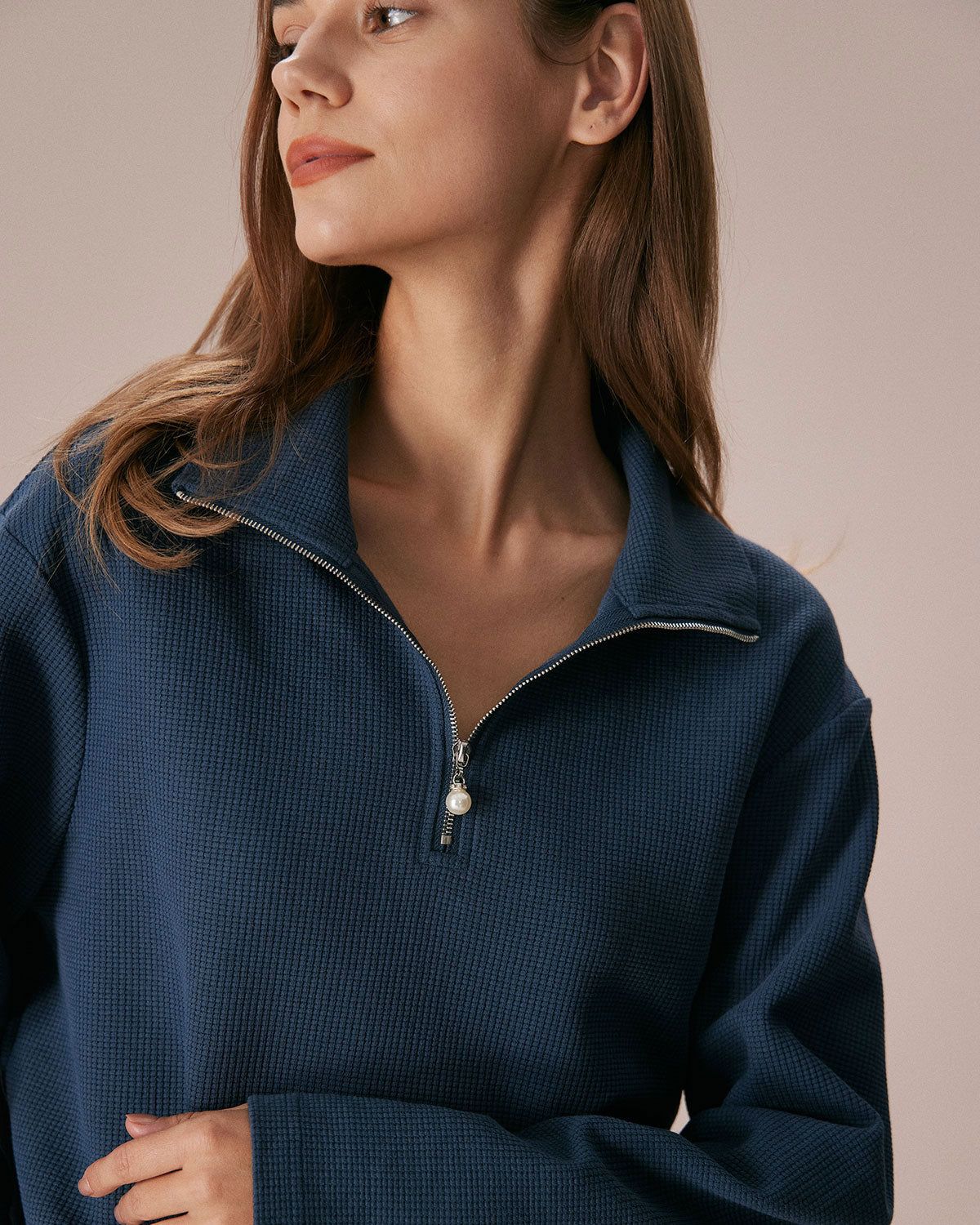 The Blue Half Zipper Waffle Knit Sweatshirt sold by rihoas product image thumbnail 5