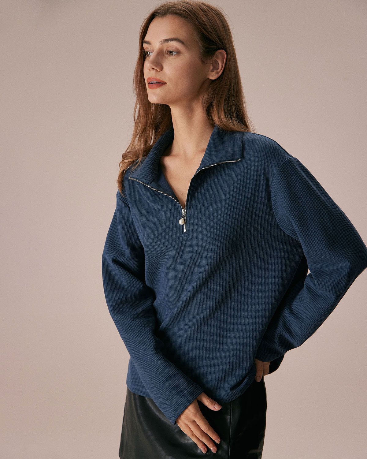 The Blue Half Zipper Waffle Knit Sweatshirt sold by rihoas product image thumbnail 3