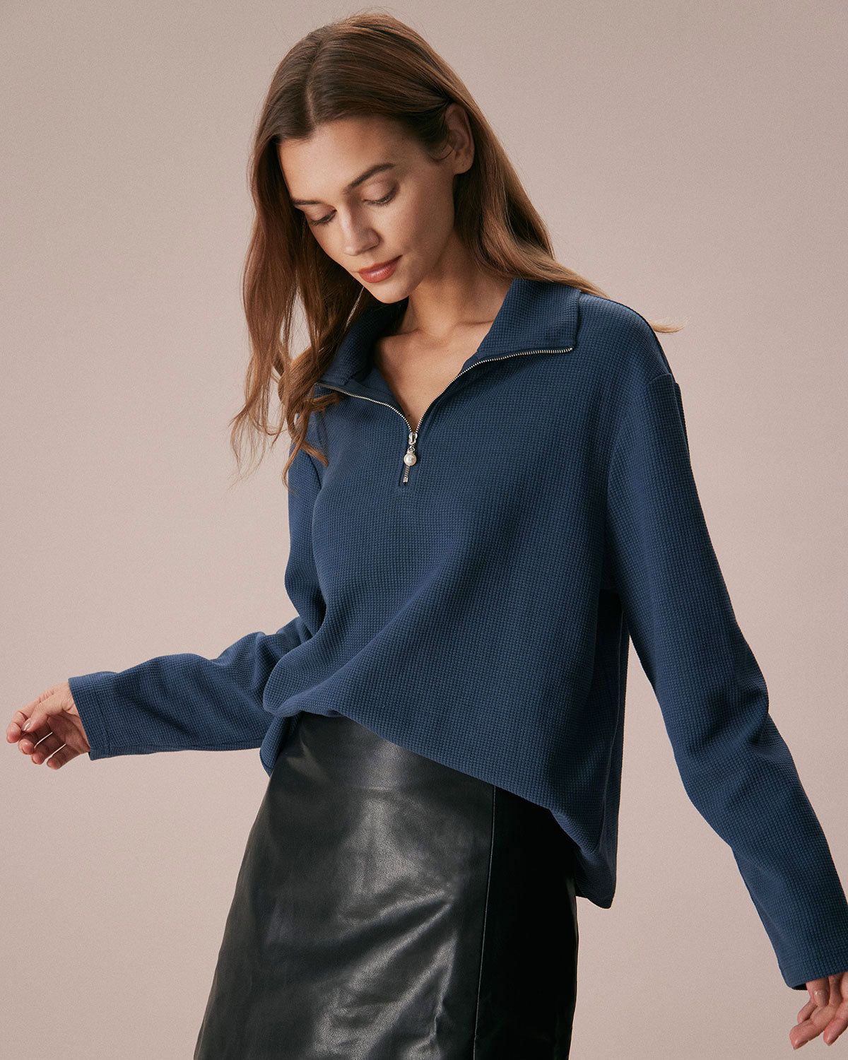 The Blue Half Zipper Waffle Knit Sweatshirt sold by rihoas