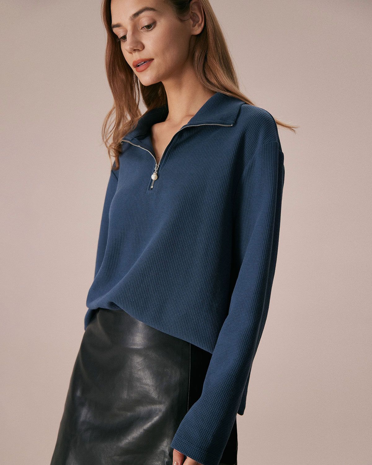 The Blue Half Zipper Waffle Knit Sweatshirt sold by rihoas product image thumbnail 4