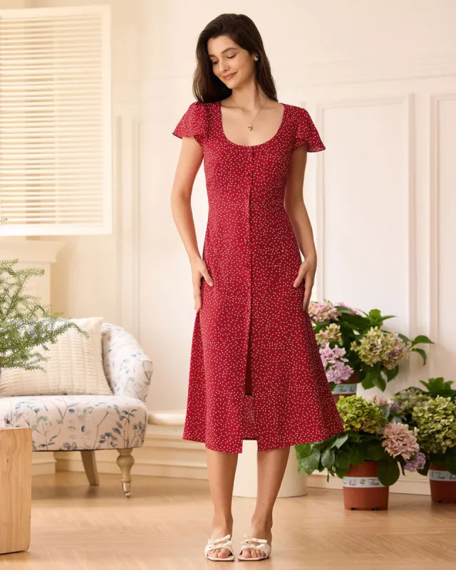 The Red U Neck Polka Dot Midi Dress sold by rihoas