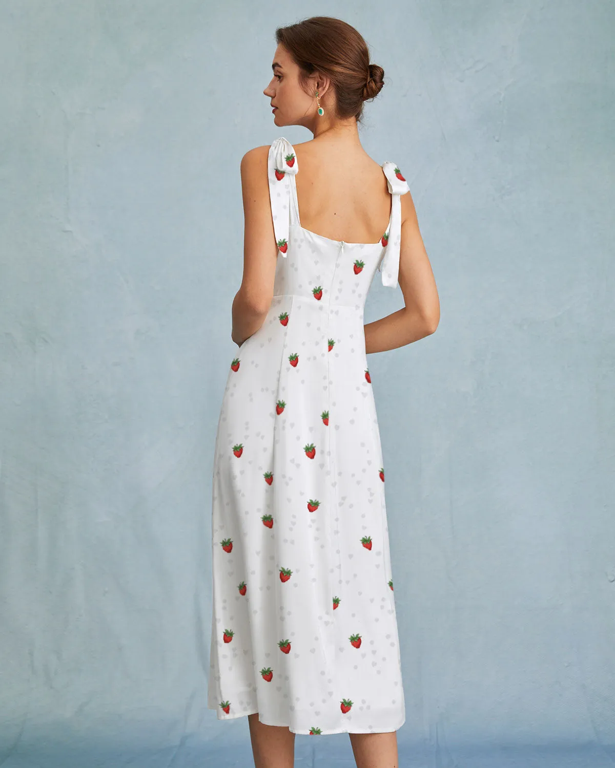 The White Strawberry Tie Strap Slit Midi Dress sold by rihoas product image thumbnail 5
