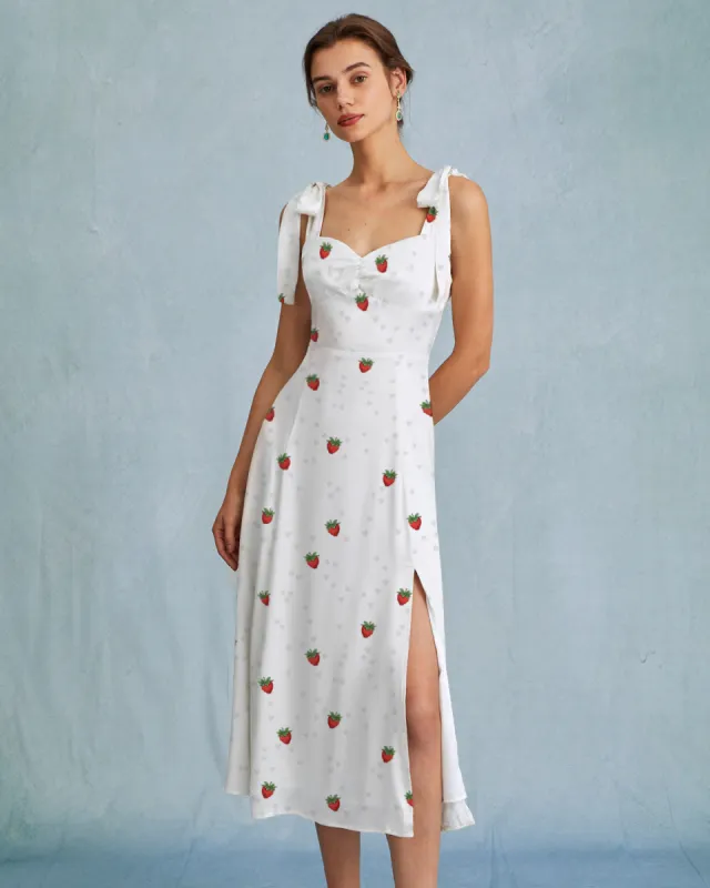 The White Strawberry Tie Strap Slit Midi Dress sold by rihoas