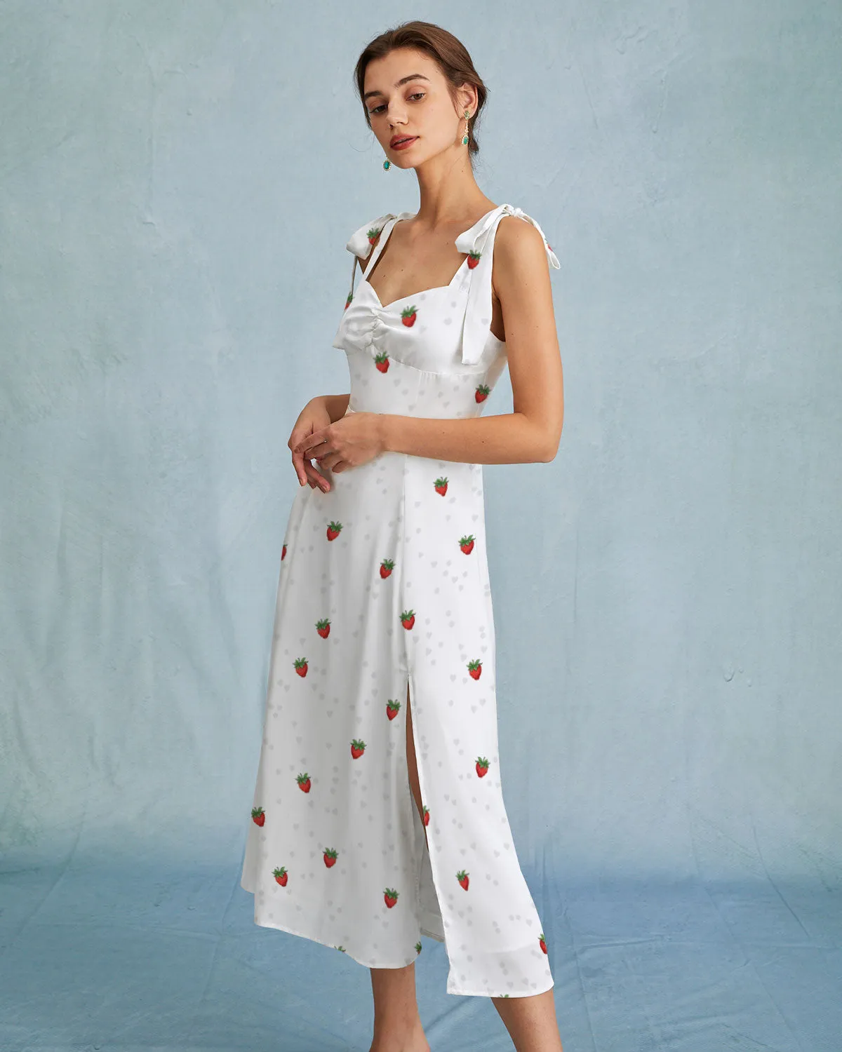 The White Strawberry Tie Strap Slit Midi Dress sold by rihoas product image thumbnail 4