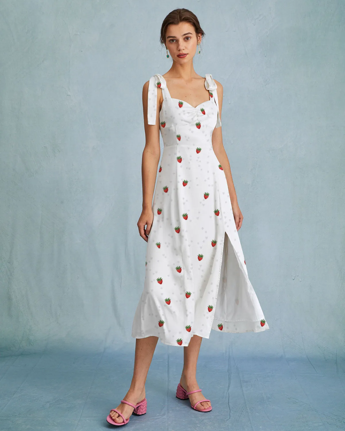 The White Strawberry Tie Strap Slit Midi Dress sold by rihoas product image thumbnail 3