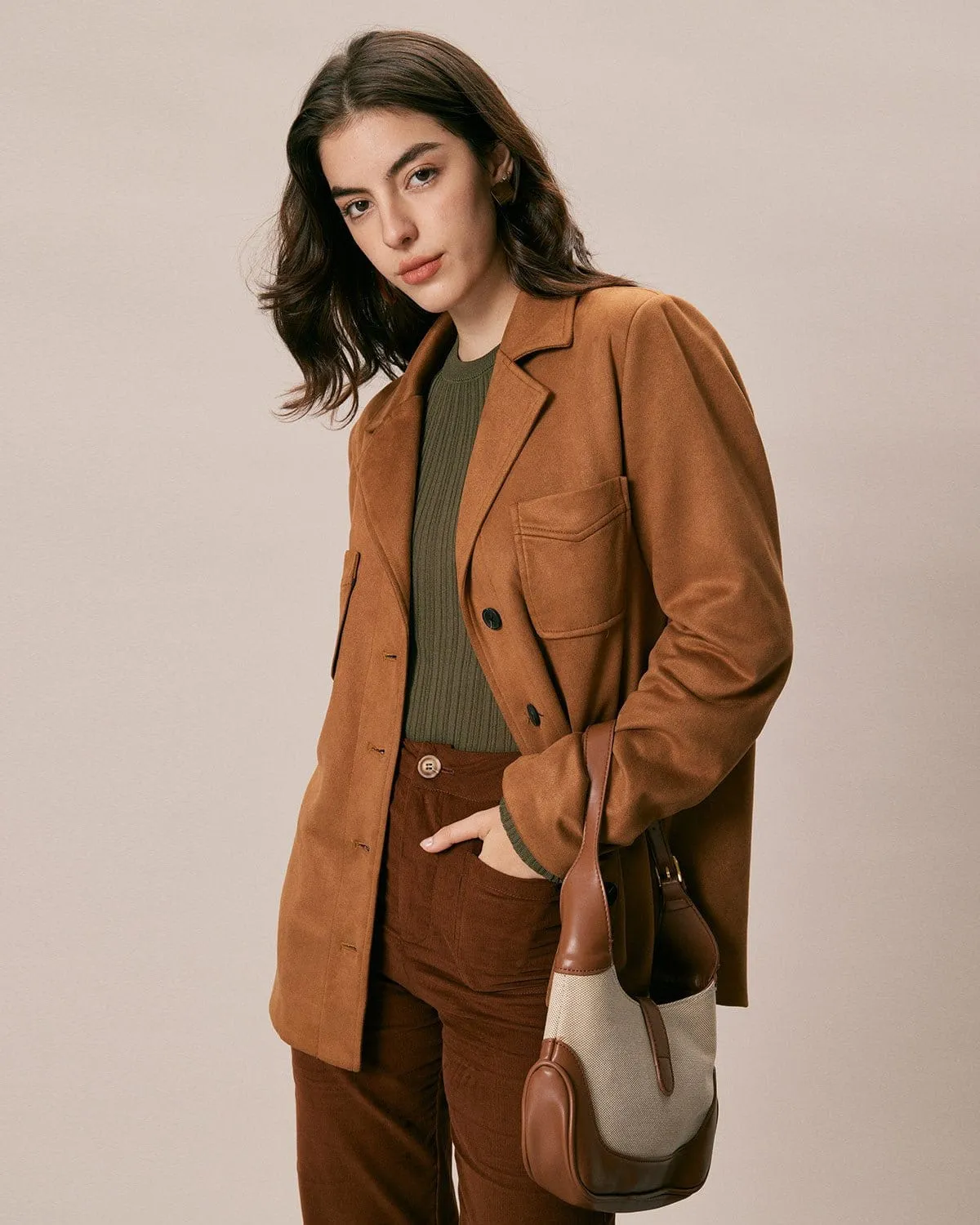 The Brown Lapel Pockets Button Suede Jacket sold by rihoas product image thumbnail 4