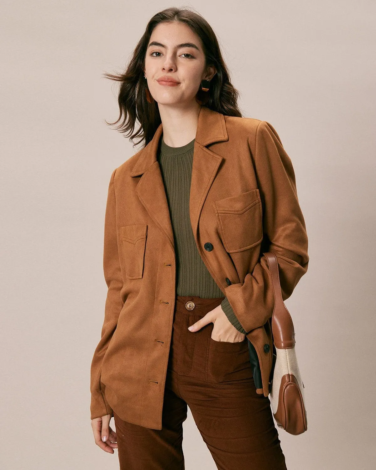 The Brown Lapel Pockets Button Suede Jacket sold by rihoas