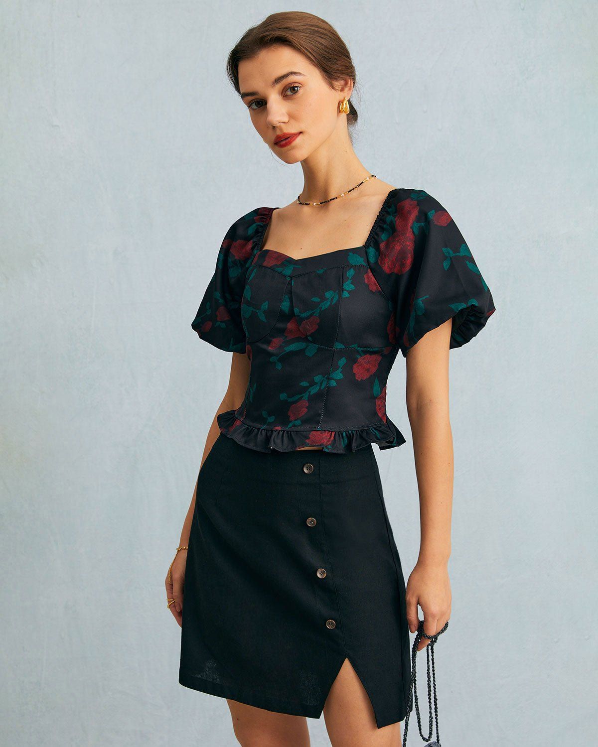 The Black High Waisted Button Detail Mini Skirt sold by rihoas product image thumbnail 2