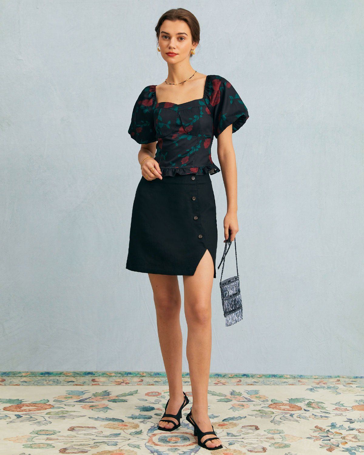 The Black High Waisted Button Detail Mini Skirt sold by rihoas product image thumbnail 3