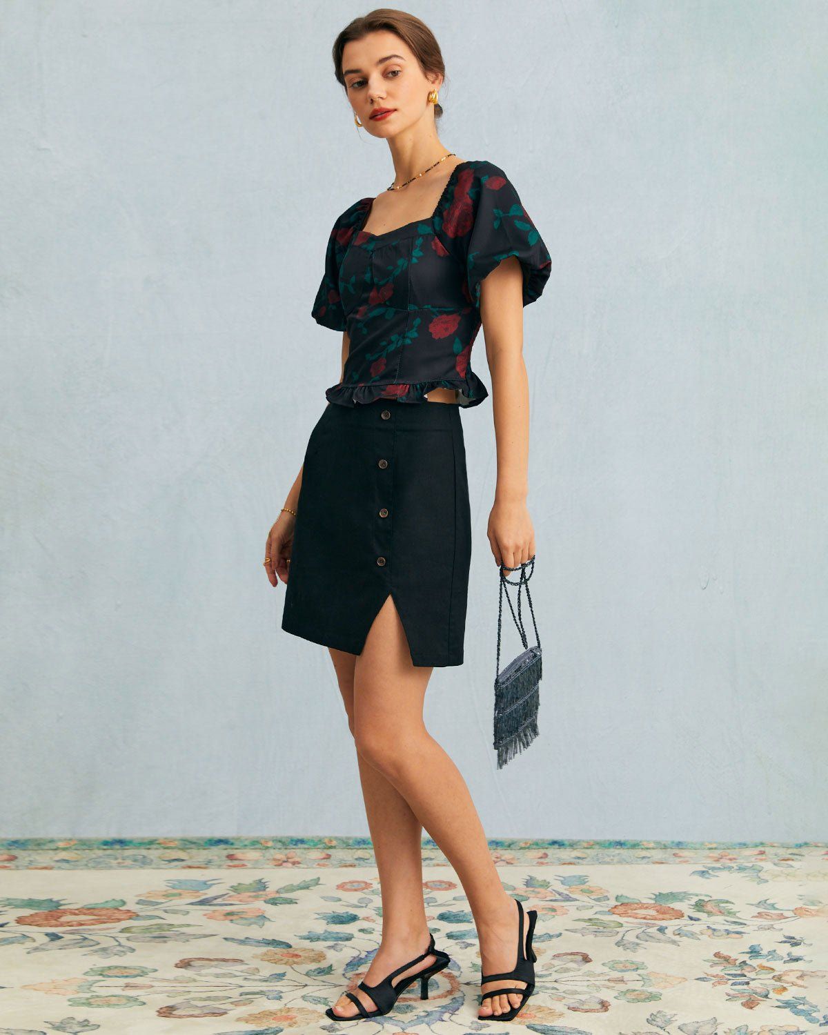 The Black High Waisted Button Detail Mini Skirt sold by rihoas product image thumbnail 4