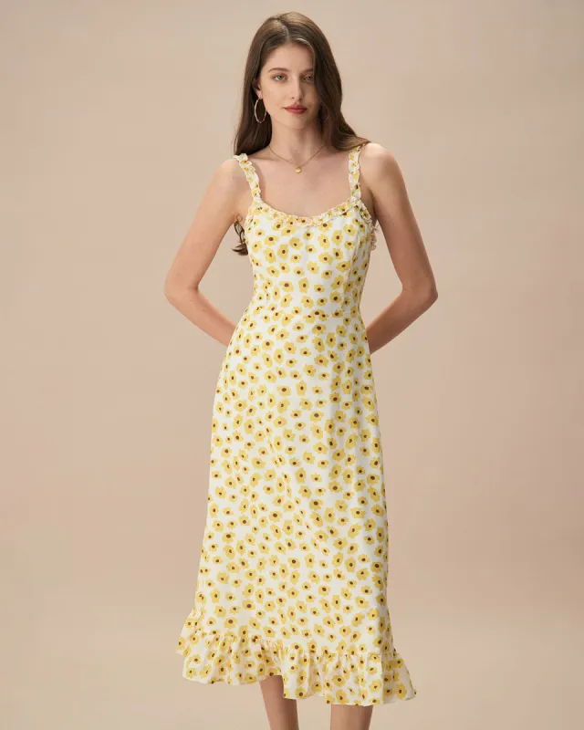 The Yellow Daisy Ruffle Slip Midi Dress sold by rihoas