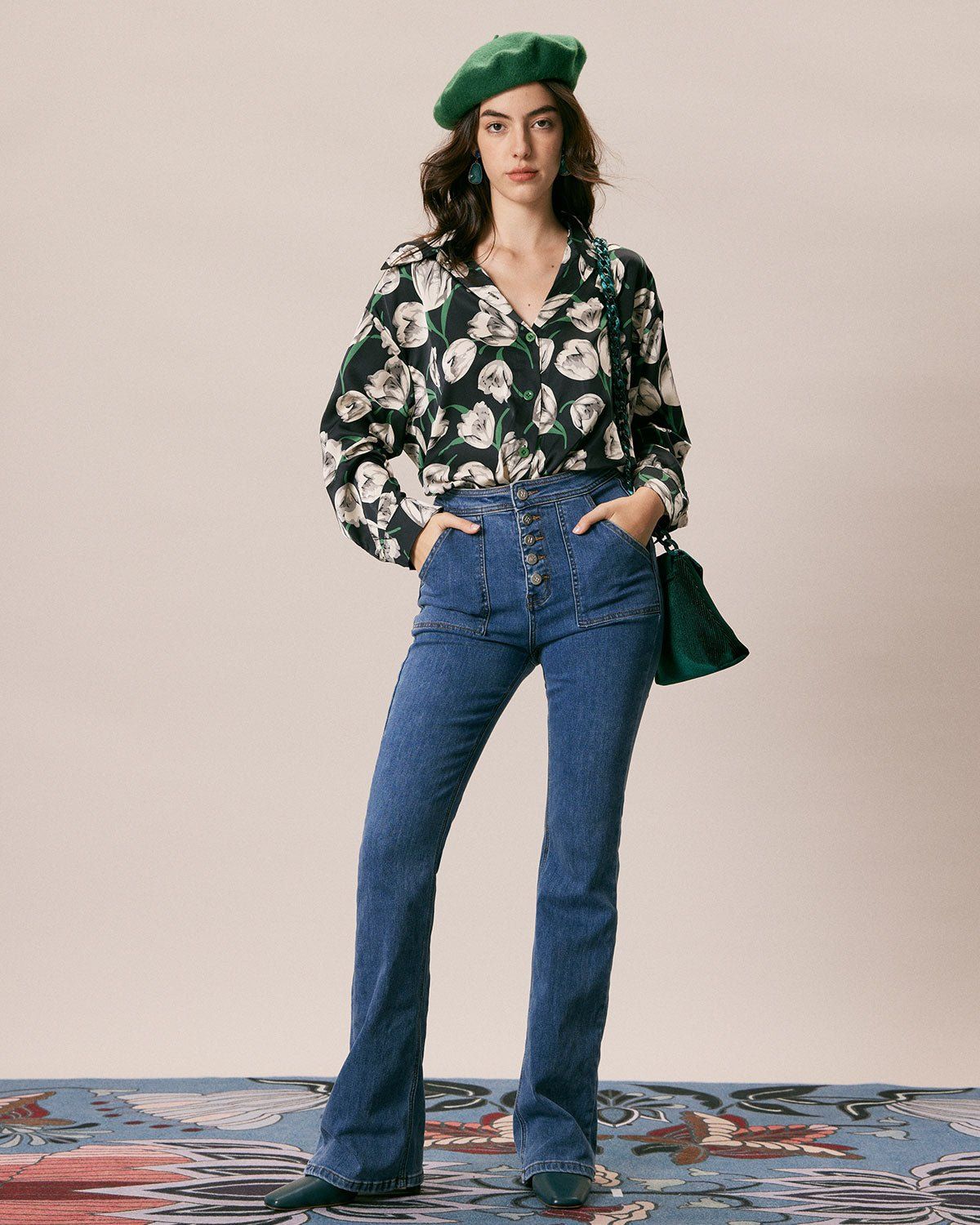 The Black Lapel Floral Print Button Up Shirt sold by rihoas product image thumbnail 2