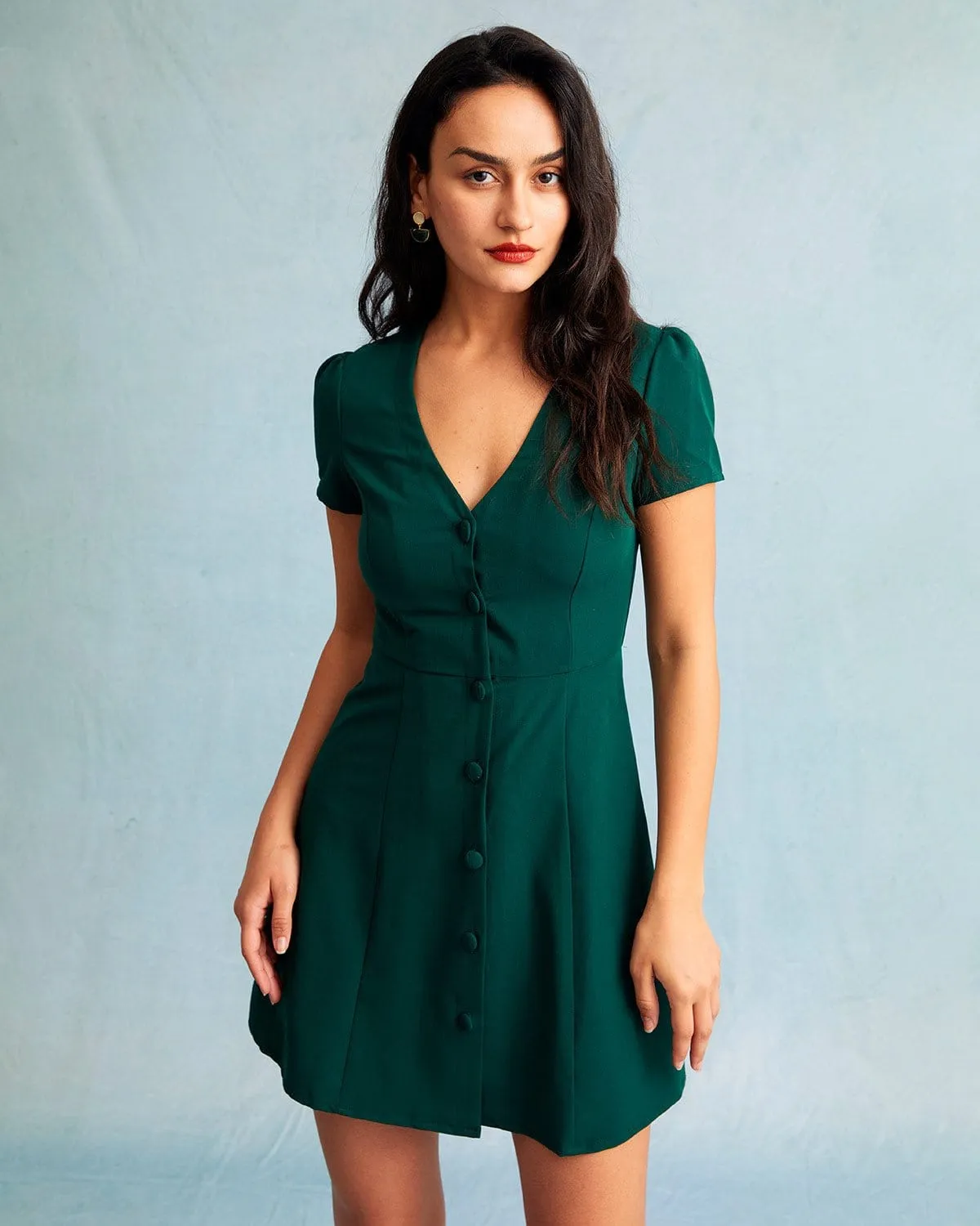 The Dark Green V Neck Button-up Shirt Mini Dress sold by rihoas product image thumbnail 2
