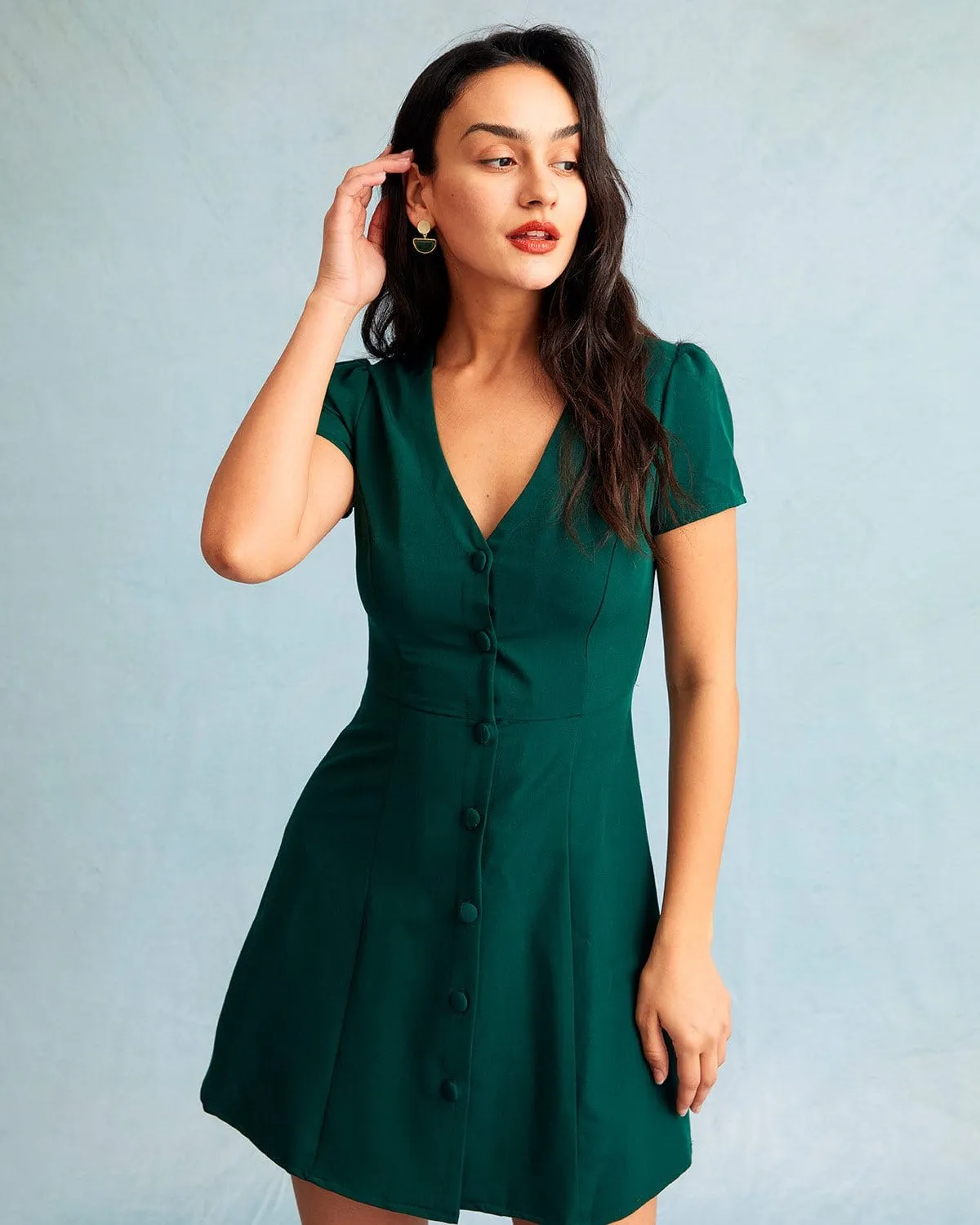 The Dark Green V Neck Button-up Shirt Mini Dress sold by rihoas