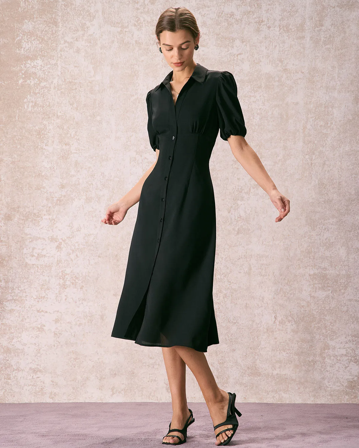 The Black Lapel Button Puff Sleeve Midi Dress sold by rihoas product image thumbnail 3