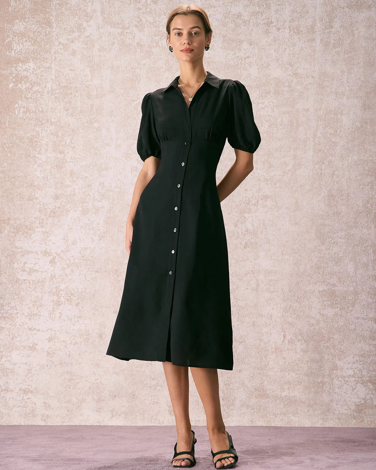 The Black Lapel Button Puff Sleeve Midi Dress sold by rihoas product image thumbnail 4