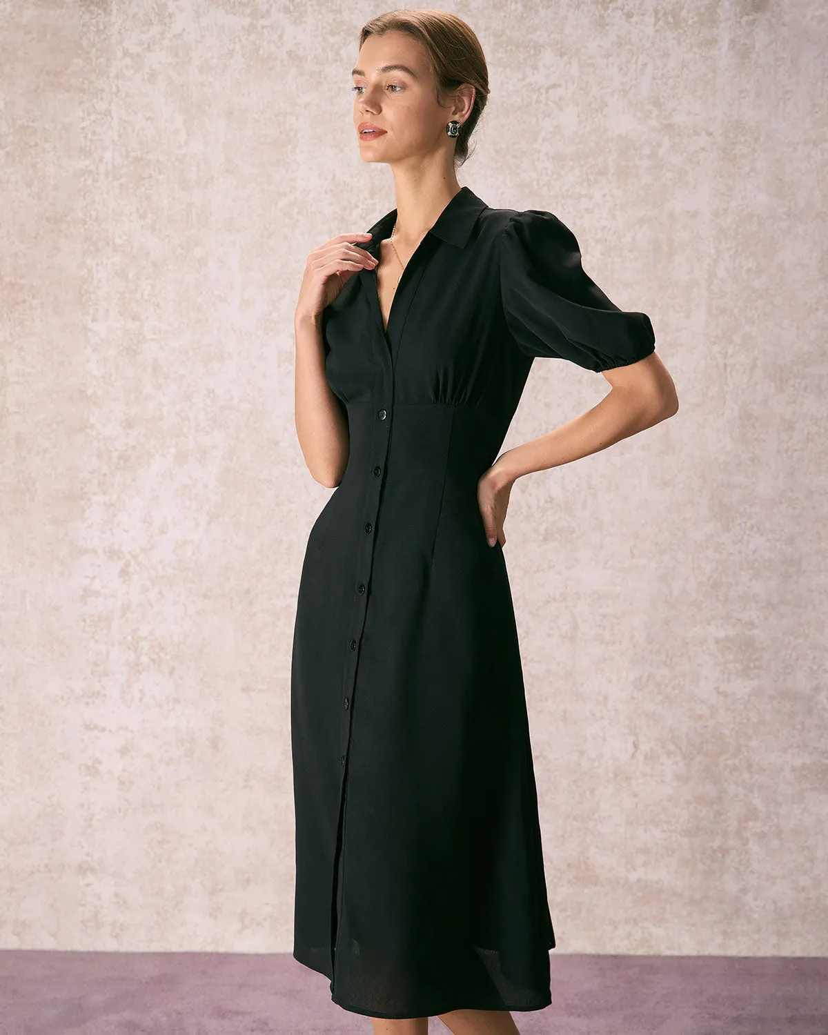 The Black Lapel Button Puff Sleeve Midi Dress sold by rihoas product image thumbnail 5