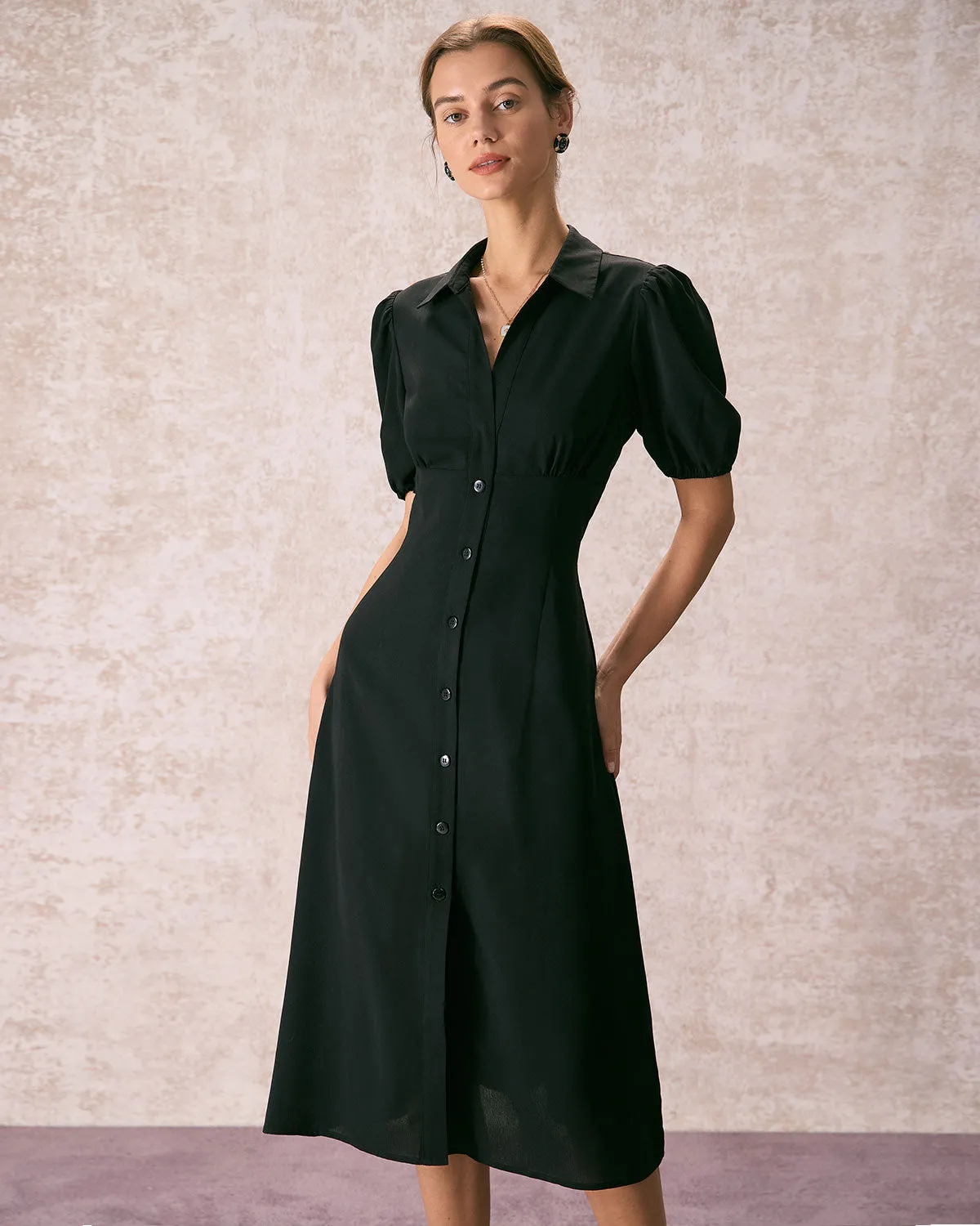 The Black Lapel Button Puff Sleeve Midi Dress sold by rihoas