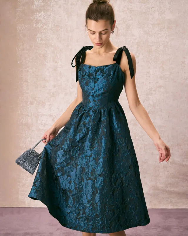 The Navy Tie Shoulder Jacquard Midi Dress sold by rihoas