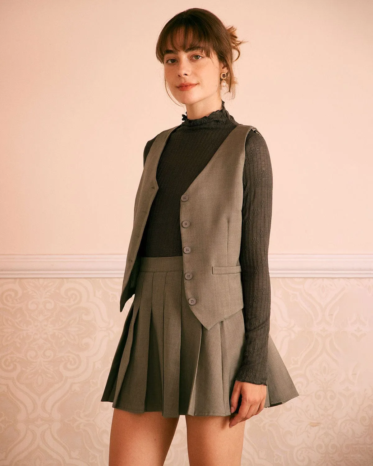 The Khaki Elastic Waist Pleated Mini Skirt sold by rihoas product image thumbnail 4