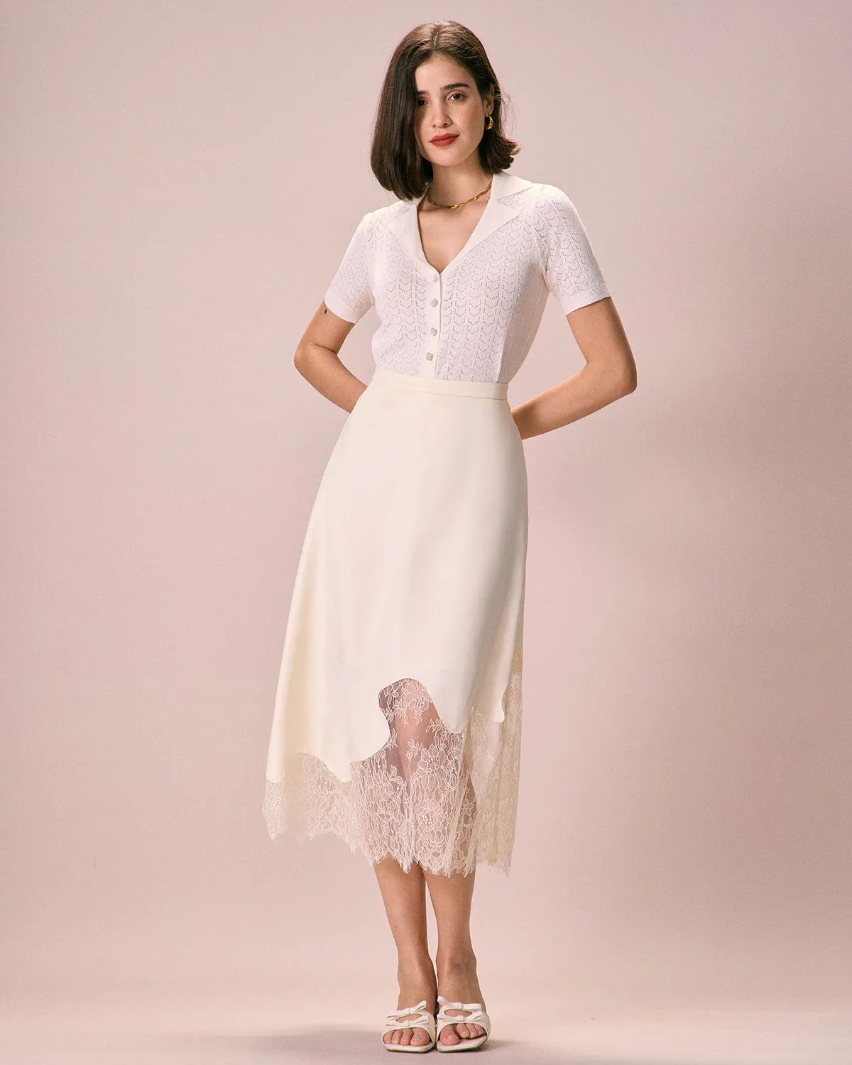 The Beige High-Waisted Irregular Satin Midi Skirt sold by rihoas product image thumbnail 3