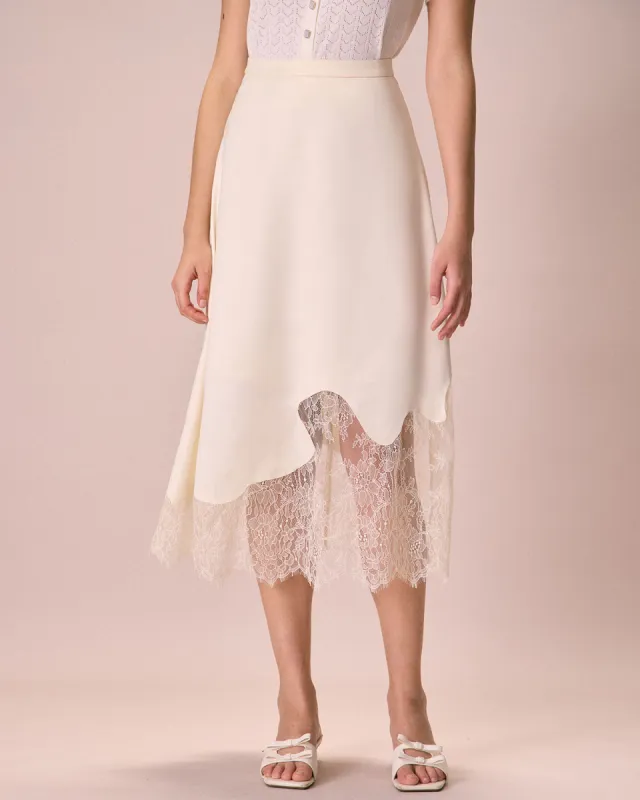The Beige High-Waisted Irregular Satin Midi Skirt sold by rihoas