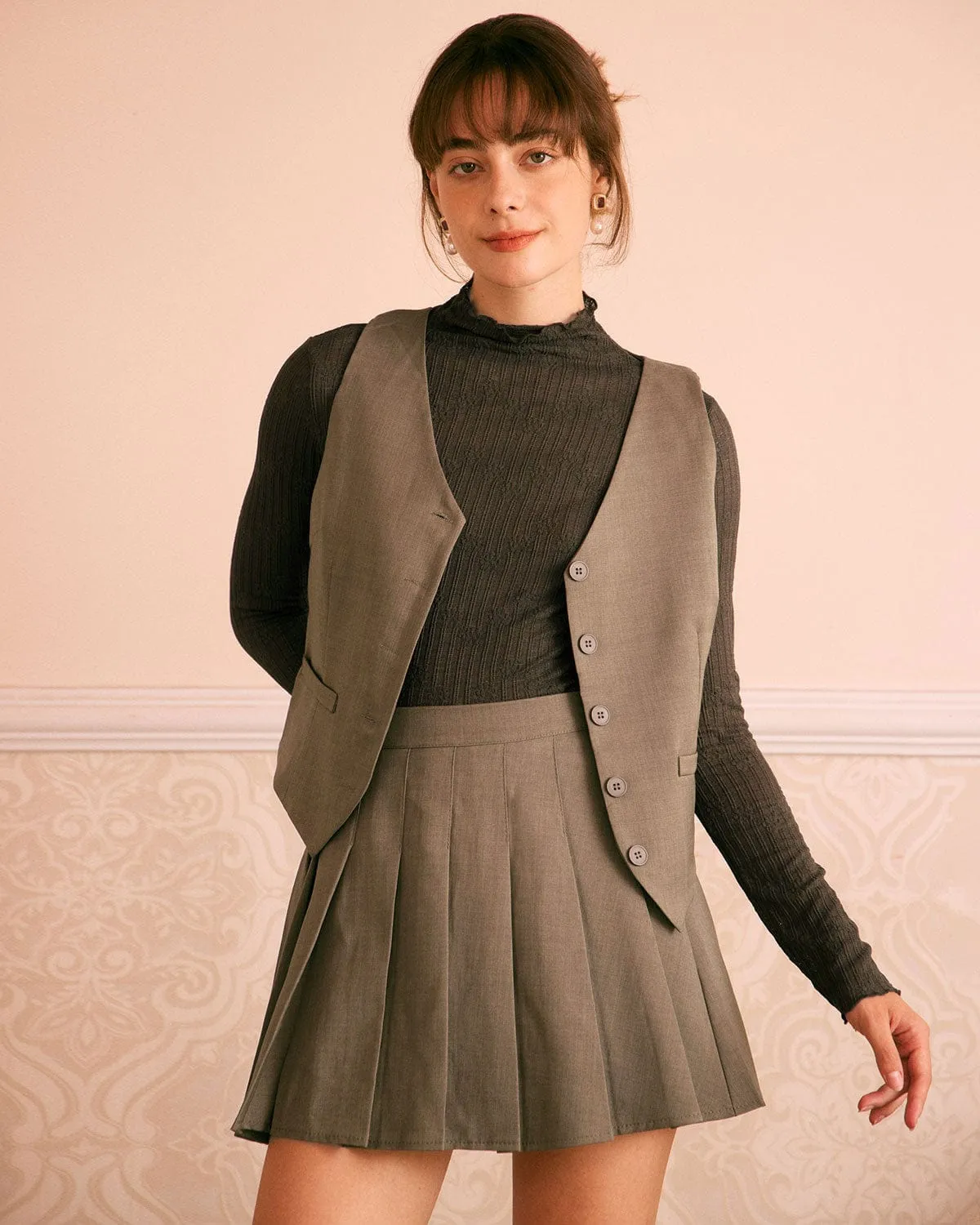 The Khaki Elastic Waist Pleated Mini Skirt sold by rihoas product image thumbnail 2
