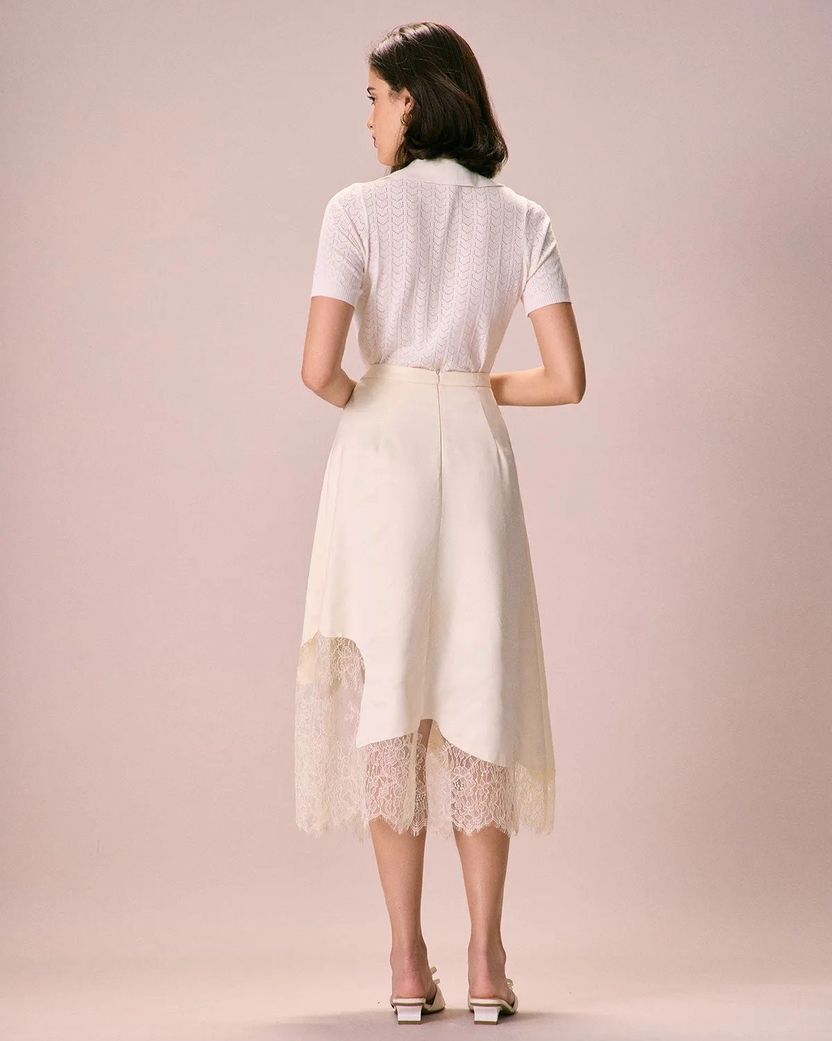 The Beige High-Waisted Irregular Satin Midi Skirt sold by rihoas product image thumbnail 5