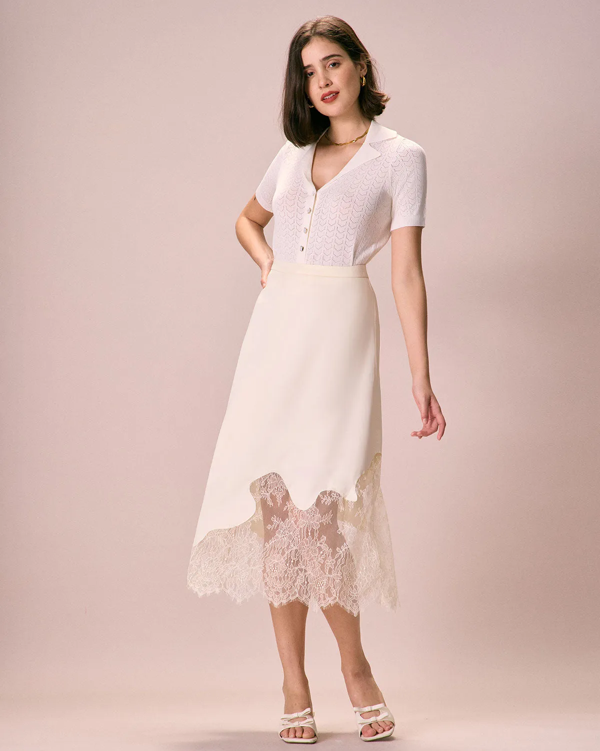 The Beige High-Waisted Irregular Satin Midi Skirt sold by rihoas product image thumbnail 4