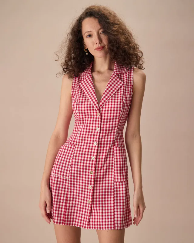 The Lapel Plaid Sleeveless Cotton Pocket Mini Dress sold by rihoas