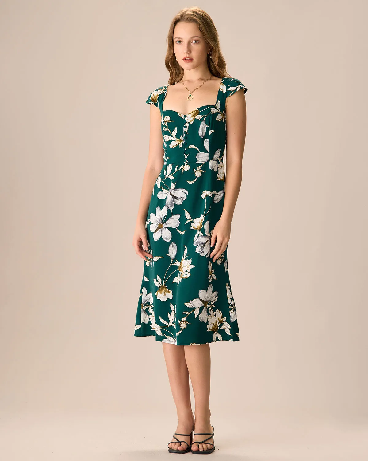 The Green Sweetheart Neck Cap Sleeve Floral Midi Dress sold by rihoas product image thumbnail 4