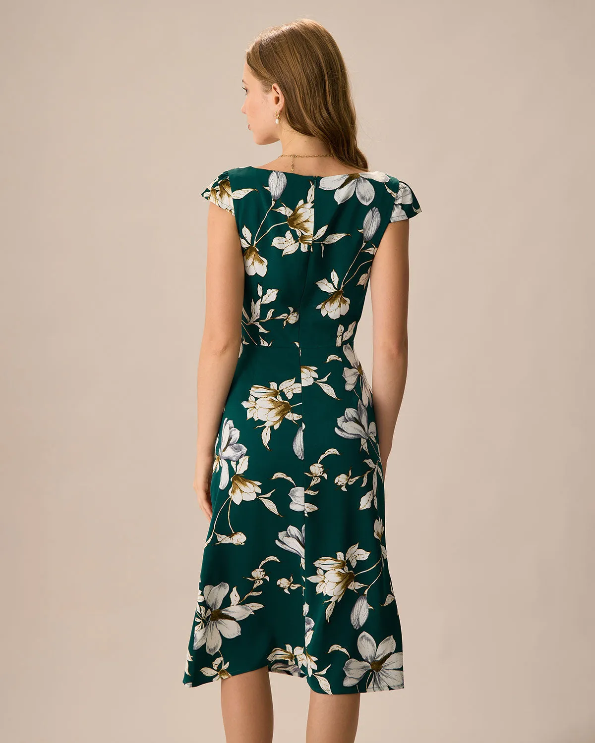 The Green Sweetheart Neck Cap Sleeve Floral Midi Dress sold by rihoas product image thumbnail 5