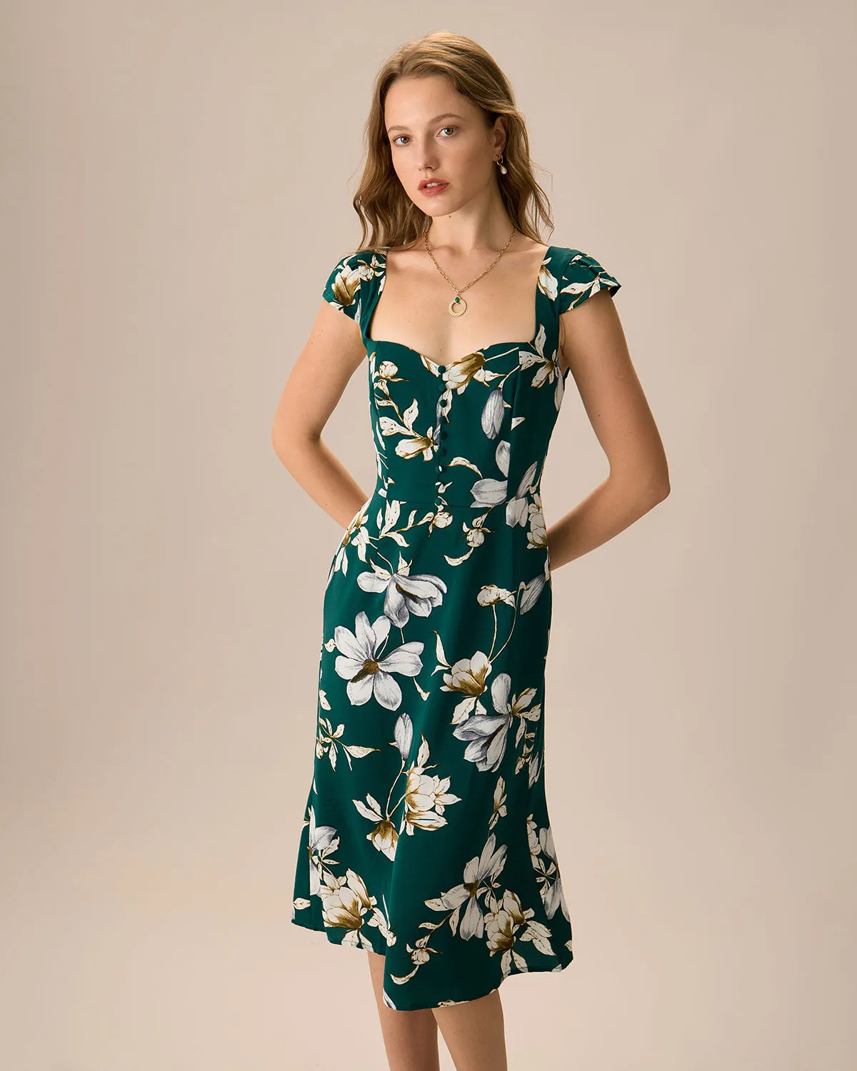 The Green Sweetheart Neck Cap Sleeve Floral Midi Dress sold by rihoas