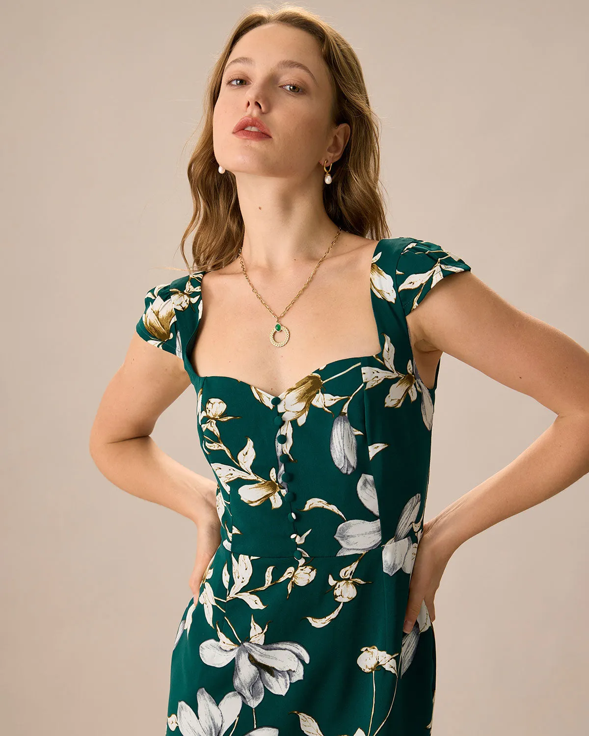 The Green Sweetheart Neck Cap Sleeve Floral Midi Dress sold by rihoas product image thumbnail 2