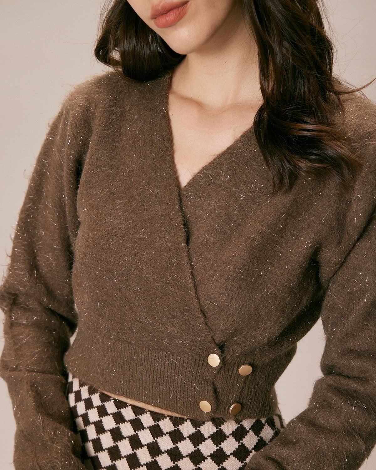 The Coffee V Neck Button Wrap Knit Top sold by rihoas product image thumbnail 2