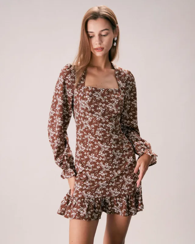 The Coffee Square Neck Floral Mini Dress sold by rihoas