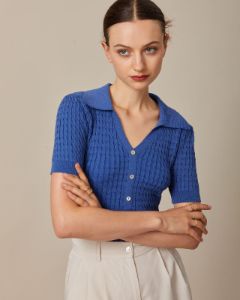 The Navy V Neck Pointelle Ribbed Knit Top sold by rihoas