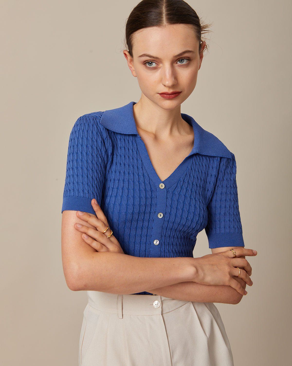 The Navy V Neck Pointelle Ribbed Knit Top sold by rihoas product image thumbnail 5