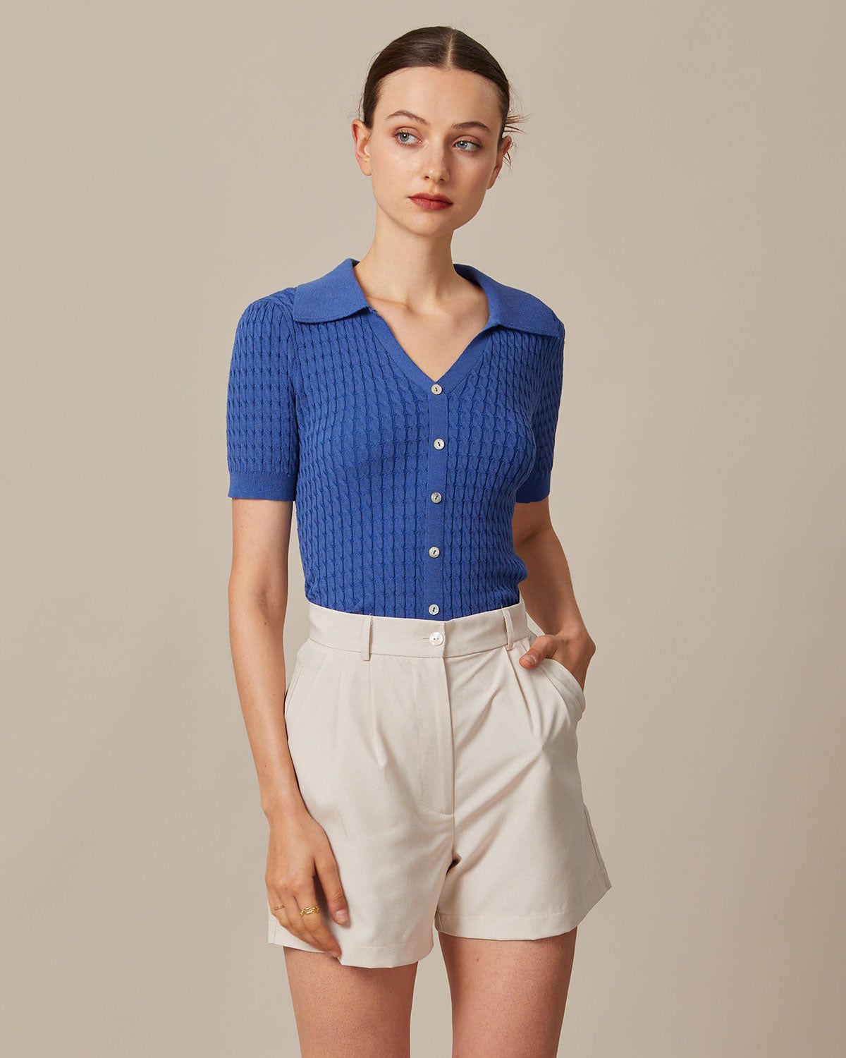 The Navy V Neck Pointelle Ribbed Knit Top sold by rihoas product image thumbnail 4