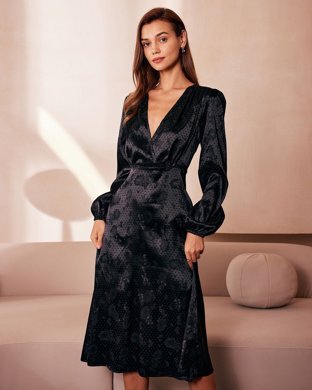 The Black V Neck Jacquard Satin Midi Dress sold by rihoas