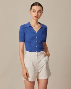 The Navy V Neck Pointelle Ribbed Knit Top sold by rihoas