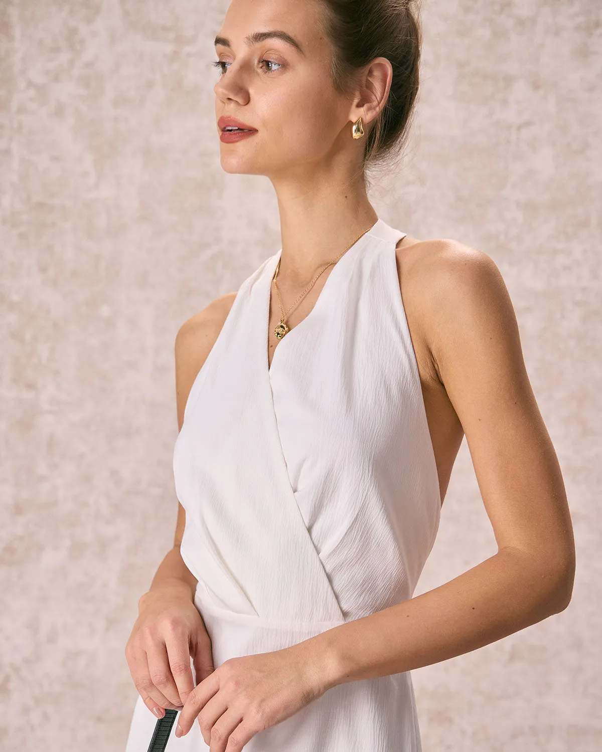The White Halter Ruched Wrap Satin Midi Dress sold by rihoas product image thumbnail 3