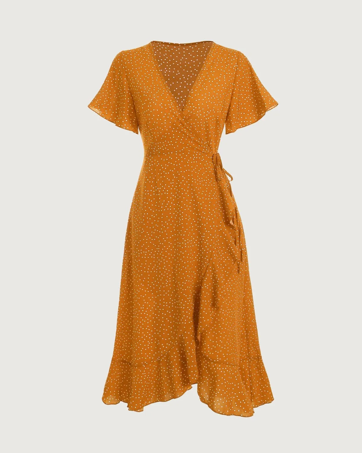 The Yellow Polka Dot Ruffle Wrap Dress sold by rihoas