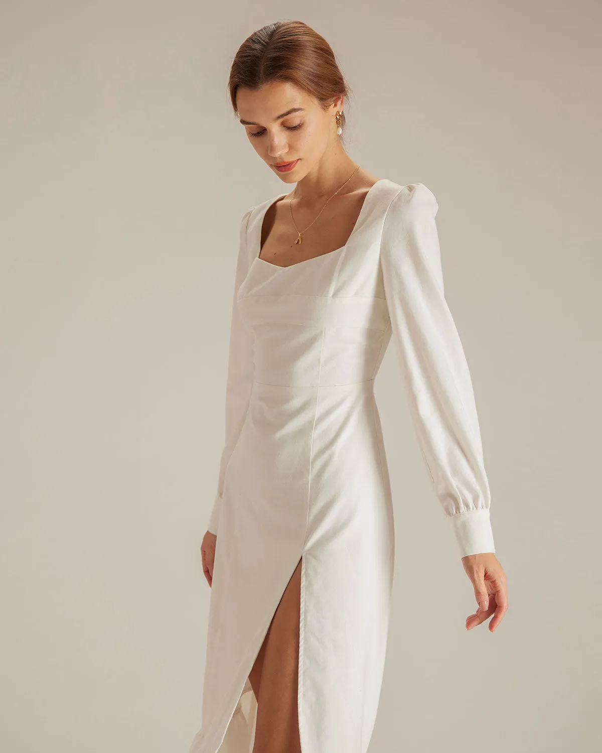 The White Sweetheart Neck Split Midi Dress sold by rihoas product image thumbnail 5
